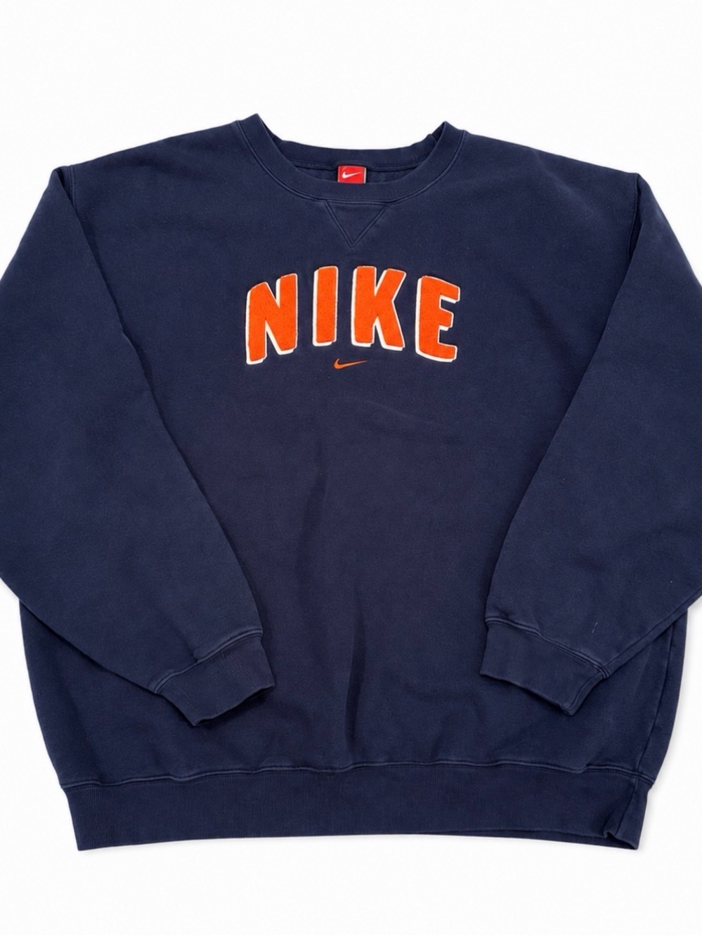 Vintage 90s Nike NavyCrewneck Sweatshirt Orange Embroidered Letters XL Good cond